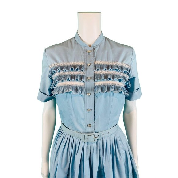 Vintage 1960s Shirtdress Light Blue Ruffle Full Skirt Dress | W 24" - Picture 6 of 10